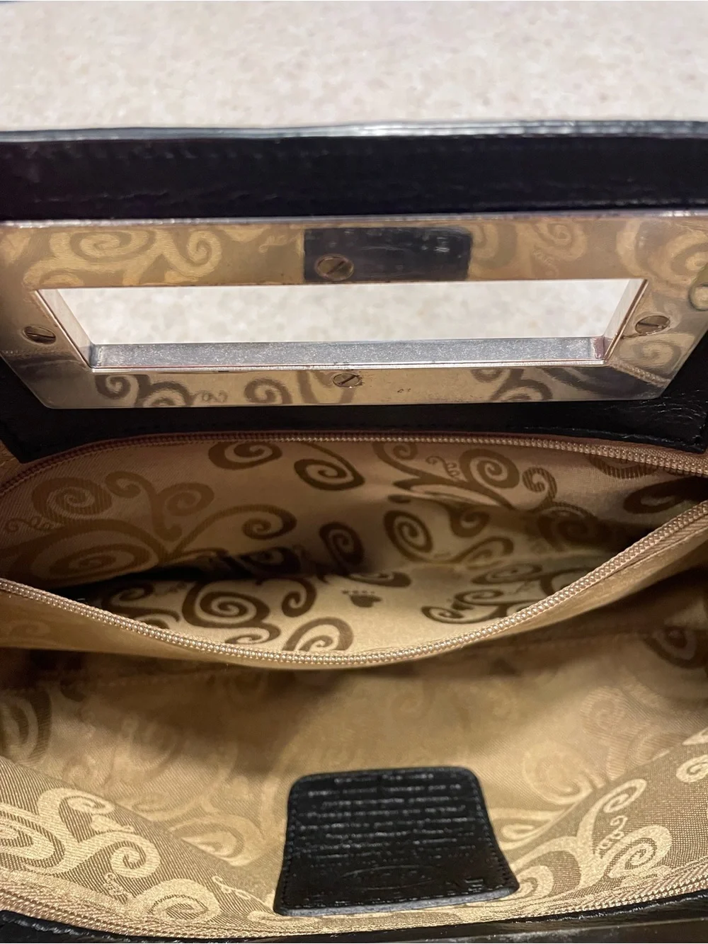 BRIGHTON Vintage Large Leather Clutch Purse Croc Embossed Metal Frame Handle